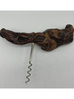 VTG Burl Wood Cork Screw Wine Bottle Opener Grapevine Rustic Barware Natural